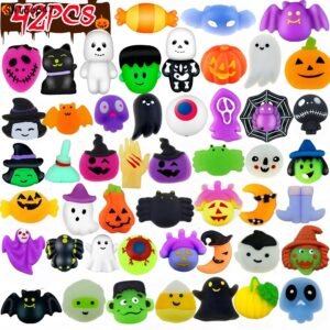 Halloween Squishy Fidget Toys Set, 42Pcs Mini Assorted Halloween Character Mochi Squishies Stress Relief Toys for Kids Party Favors