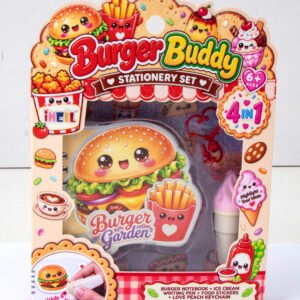 Burger Buddy Stationery Set, 4 in 1 Kids Journal Gift Set, Burger Shaped Window Box Diary Kit